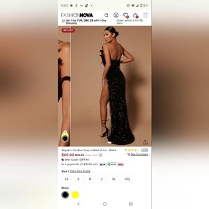 Fashion Nova Black Sequin Gown with Feather Accents